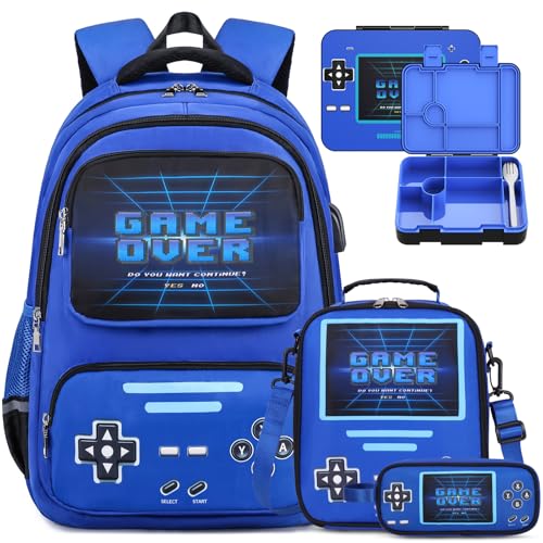 ACESAK Game luminous Boys Backpack - Bento Box with Insulated Lunch Bag Pencil Case, Ice Pack & Utensils Set for Kids, 6 Leakproof Compartments Removable Tray Lunches or Snack Container (Blue) - Image 1