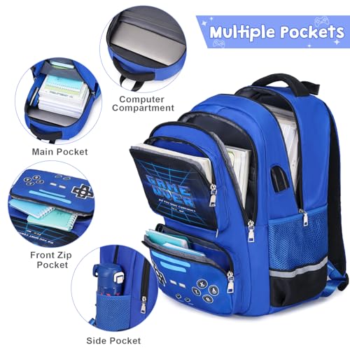 ACESAK Game luminous Boys Backpack - Bento Box with Insulated Lunch Bag Pencil Case, Ice Pack & Utensils Set for Kids, 6 Leakproof Compartments Removable Tray Lunches or Snack Container (Blue) - Image 5