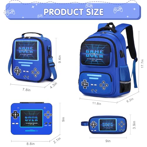 ACESAK Game luminous Boys Backpack - Bento Box with Insulated Lunch Bag Pencil Case, Ice Pack & Utensils Set for Kids, 6 Leakproof Compartments Removable Tray Lunches or Snack Container (Blue) - Image 2
