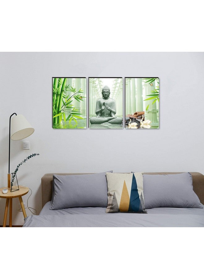 Masstone Buddha Meditating Green Bamboo Religious HD 3 Piece 6mm Self Adhesive MDF Painting (36x18 inch) - Image 2
