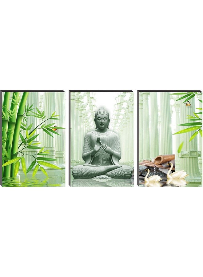 Masstone Buddha Meditating Green Bamboo Religious HD 3 Piece 6mm Self Adhesive MDF Painting (36x18 inch) - Image 1