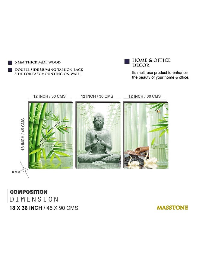 Masstone Buddha Meditating Green Bamboo Religious HD 3 Piece 6mm Self Adhesive MDF Painting (36x18 inch) - Image 3