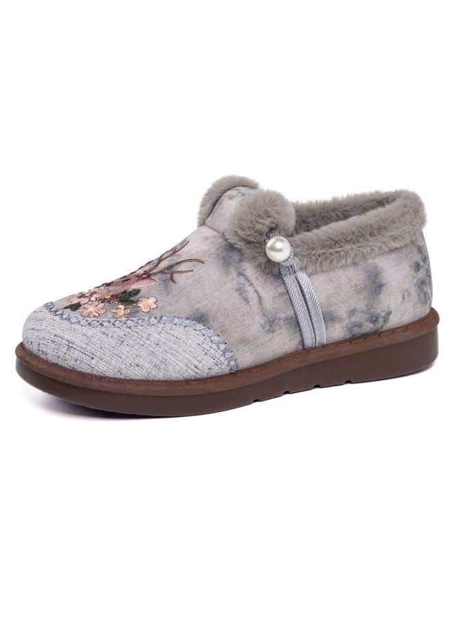Women's Winter Cotton Shoes, New Casual Versatile Chinese Style Deer And Floral Embroidered Cotton Boots, Thickened With Fleece, Snow Boots