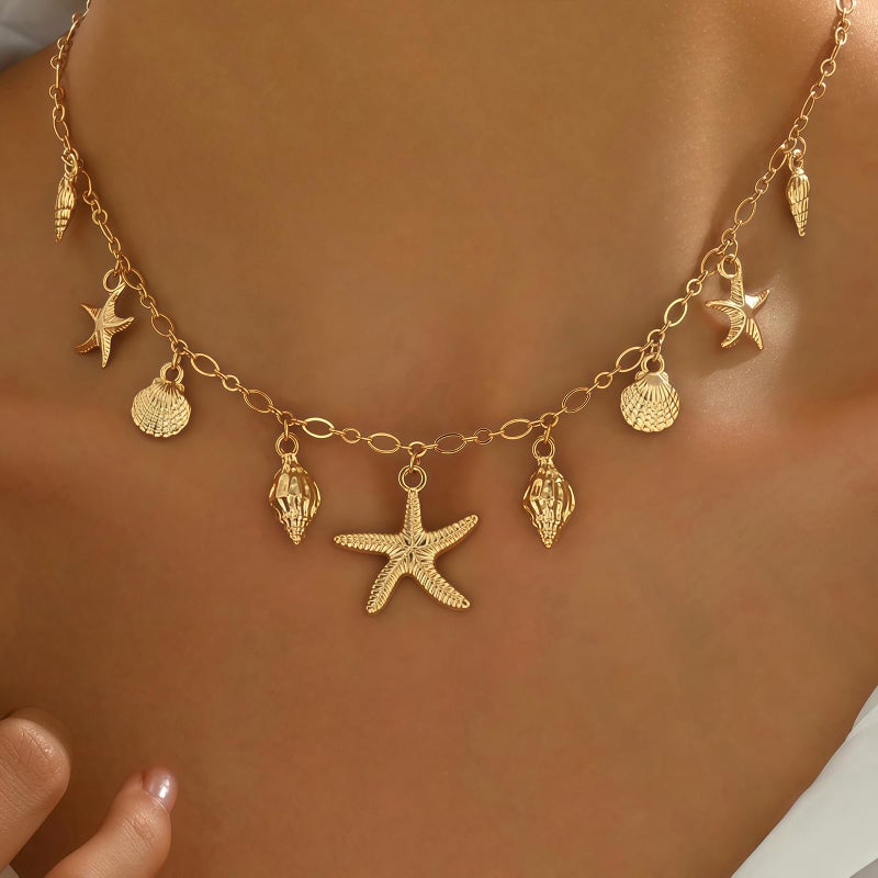 Nackiy Shell Starfish Necklace for Women, 14k Gold Boho Layered Beaded Charm Pendant Necklace, Dainty Adjustable Pearl Conch Summer Beach Vacation Jewelry Gifts(Starfish Charm) - Image 5