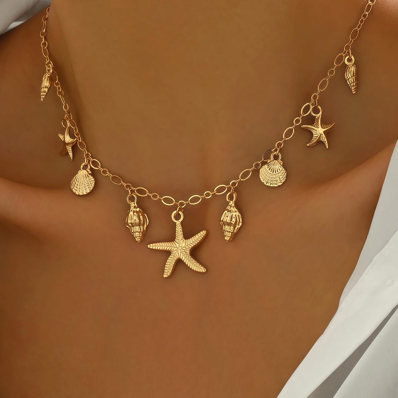 Nackiy Shell Starfish Necklace for Women, 14k Gold Boho Layered Beaded Charm Pendant Necklace, Dainty Adjustable Pearl Conch Summer Beach Vacation Jewelry Gifts(Starfish Charm) - Image 3