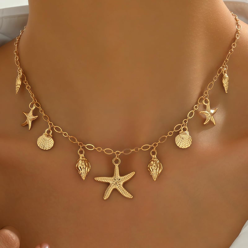 Nackiy Shell Starfish Necklace for Women, 14k Gold Boho Layered Beaded Charm Pendant Necklace, Dainty Adjustable Pearl Conch Summer Beach Vacation Jewelry Gifts(Starfish Charm) - Image 2
