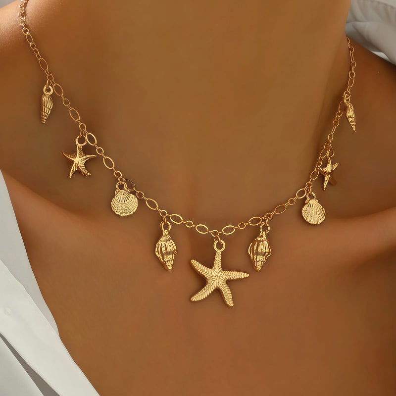 Nackiy Shell Starfish Necklace for Women, 14k Gold Boho Layered Beaded Charm Pendant Necklace, Dainty Adjustable Pearl Conch Summer Beach Vacation Jewelry Gifts(Starfish Charm) - Image 4