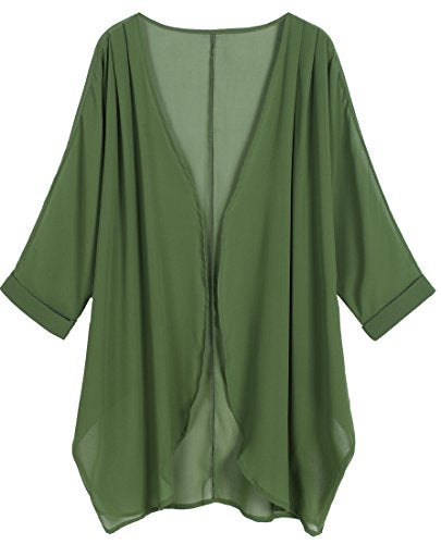 olrain Women's Floral Print Sheer Chiffon 3/4 Bat Sleeve Casual Loose Kimono Cardigan Capes (X-Large, Deep Green) - Image 4