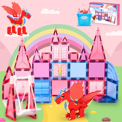 VANLINNY Magnetic Tiles for Kids Age 48 with Dragon 36 Piece Princess Castle Magnet Tiles for Girls Movable Dragon Sensory Toys for 3 Creative Construction Building Set for Class Xmas Gift for Grandkids - Image 1