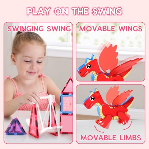 VANLINNY Magnetic Tiles for Kids Age 48 with Dragon 36 Piece Princess Castle Magnet Tiles for Girls Movable Dragon Sensory Toys for 3 Creative Construction Building Set for Class Xmas Gift for Grandkids - Image 5
