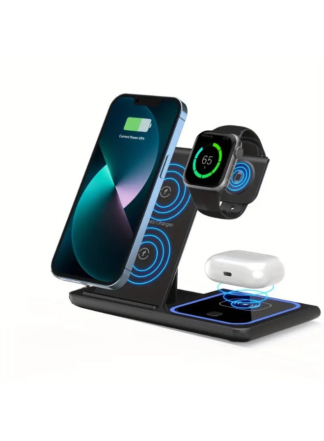 كيلا 3 في 1 محطة شحن لاسلكية، حامل شاحن لاسلكي سريع للشحن السريع، شاحن لاسلكي لهاتف السفر Apple iPhone 16 15 14 13 12 11 X Pro Max iWatch 8 7 6 5 4 Samsung Galaxy S - Image 1