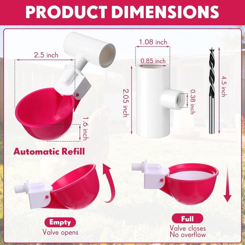 LemonRoad 30 Set Automatic Chicken Waterer Cups with 1/2" PVC Tee Fitting Chicken Drinking Bowl, Poultry Drinker Mounting Hole Opener,Water Dispenser Feeder for Duck, Goose, Pigeon(Rose Red) - Image 2