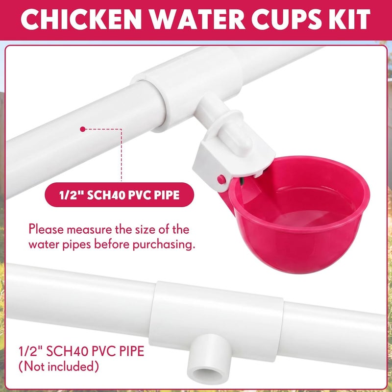 LemonRoad 30 Set Automatic Chicken Waterer Cups with 1/2" PVC Tee Fitting Chicken Drinking Bowl, Poultry Drinker Mounting Hole Opener,Water Dispenser Feeder for Duck, Goose, Pigeon(Rose Red) - Image 3