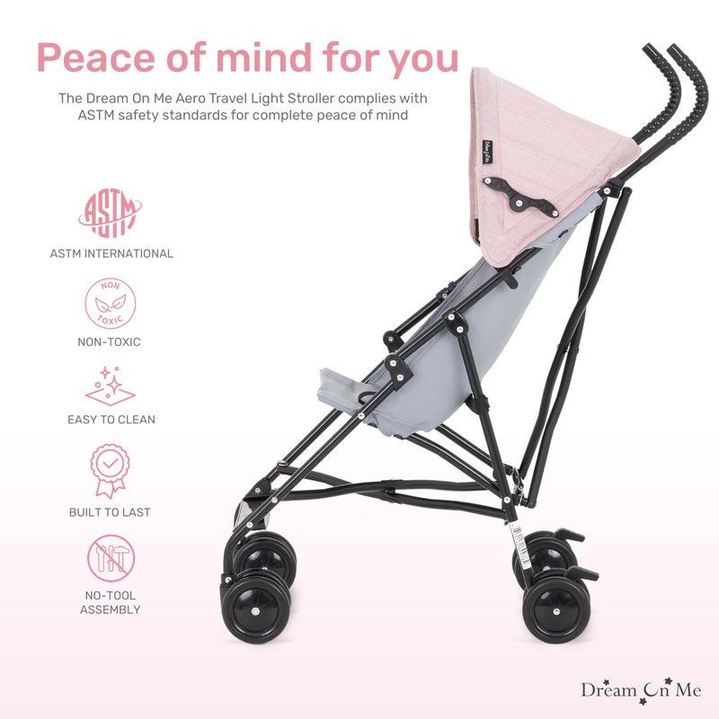 Dream On Me Aero Travel Umbrella Stroller, One-Hand Quick Fold, 3-Point Safety Harness, Dual Brakes, Adjustable Removable Canopy, Lightweight Compact & Space-Saving for Infants and Toddlers â€“ Pink - Image 3