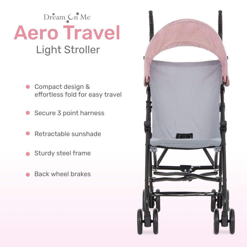 Dream On Me Aero Travel Umbrella Stroller, One-Hand Quick Fold, 3-Point Safety Harness, Dual Brakes, Adjustable Removable Canopy, Lightweight Compact & Space-Saving for Infants and Toddlers â€“ Pink - Image 2