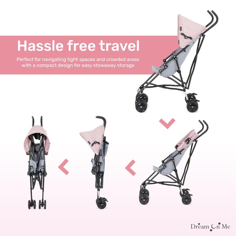 Dream On Me Aero Travel Umbrella Stroller, One-Hand Quick Fold, 3-Point Safety Harness, Dual Brakes, Adjustable Removable Canopy, Lightweight Compact & Space-Saving for Infants and Toddlers â€“ Pink - Image 5