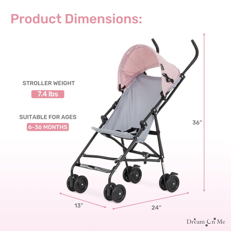 Dream On Me Aero Travel Umbrella Stroller, One-Hand Quick Fold, 3-Point Safety Harness, Dual Brakes, Adjustable Removable Canopy, Lightweight Compact & Space-Saving for Infants and Toddlers â€“ Pink - Image 4