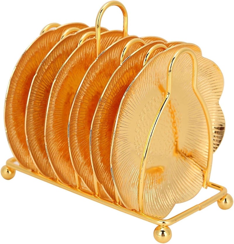 klarako 6pcs Coasters Creative Drink Coaster with Rack Nonklarako Slip Metal Cup Mats Tabletop Display with Holder for Bar,Home, Kitchen,Coffee Table Centerpieces Decor Gold - Image 1