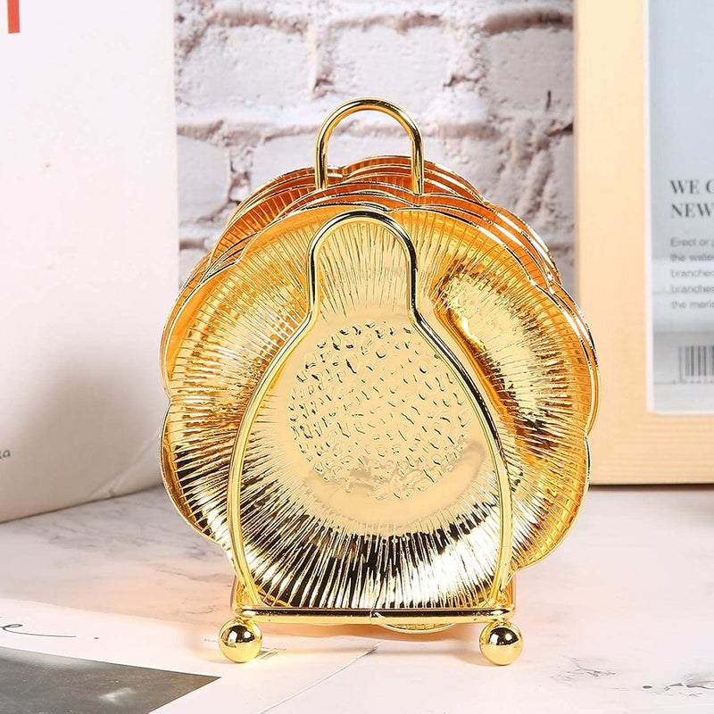 klarako 6pcs Coasters Creative Drink Coaster with Rack Nonklarako Slip Metal Cup Mats Tabletop Display with Holder for Bar,Home, Kitchen,Coffee Table Centerpieces Decor Gold - Image 5