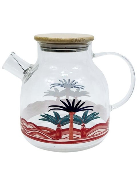 Stovetop Safe Clear Teapot with Removable Infuser and Bamboo Lid Palm Tree Design for Tea, Coffee, Herbal Tea, Beverages Glass Pot