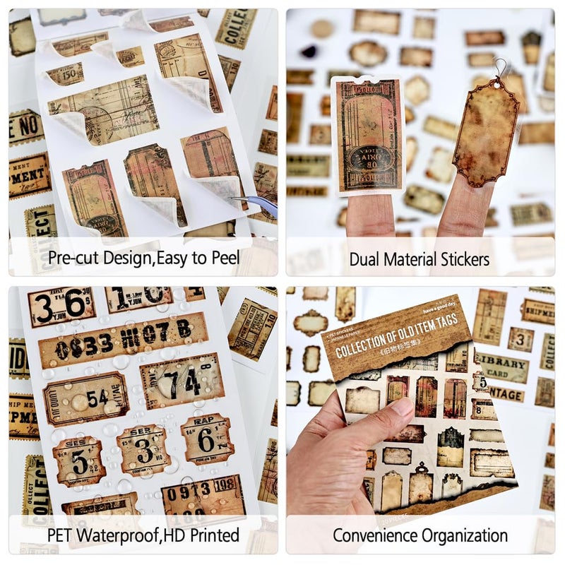 Dwpetzo Vintage Scrapbook Stickers, Retro Collection Labels Tags Frames Ephemera for Junk Journal Supplies, 20 Sheets Diecut PET Washi Stickers Book for Journaling, Scrapbooking, Crafts Arts - Image 3