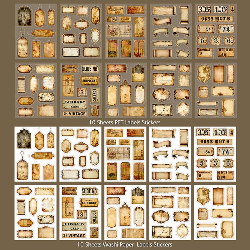 Dwpetzo Vintage Scrapbook Stickers, Retro Collection Labels Tags Frames Ephemera for Junk Journal Supplies, 20 Sheets Diecut PET Washi Stickers Book for Journaling, Scrapbooking, Crafts Arts - Image 2