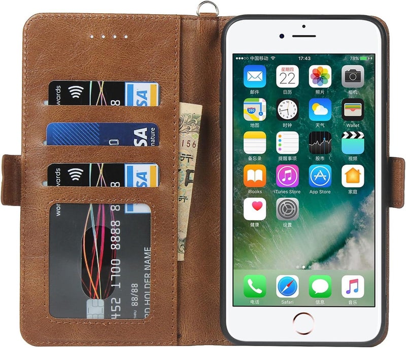 iCoverCase for iPhone 7 Plus/8 Plus Case, PU Leather Wallet Case with Wrist Strap Card Holder Shockproof Flip Cover Case - Light Brown - Image 3