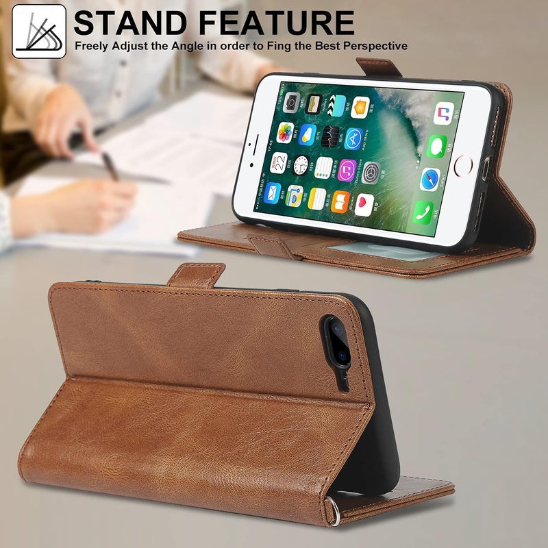 iCoverCase for iPhone 7 Plus/8 Plus Case, PU Leather Wallet Case with Wrist Strap Card Holder Shockproof Flip Cover Case - Light Brown - Image 5