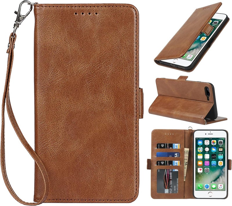 iCoverCase for iPhone 7 Plus/8 Plus Case, PU Leather Wallet Case with Wrist Strap Card Holder Shockproof Flip Cover Case - Light Brown - Image 1