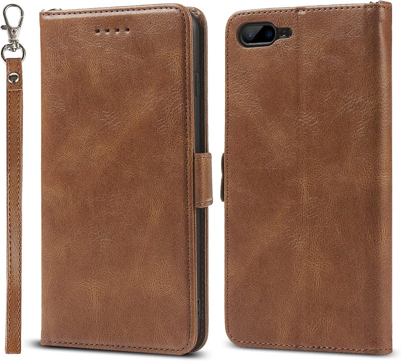 iCoverCase for iPhone 7 Plus/8 Plus Case, PU Leather Wallet Case with Wrist Strap Card Holder Shockproof Flip Cover Case - Light Brown - Image 2