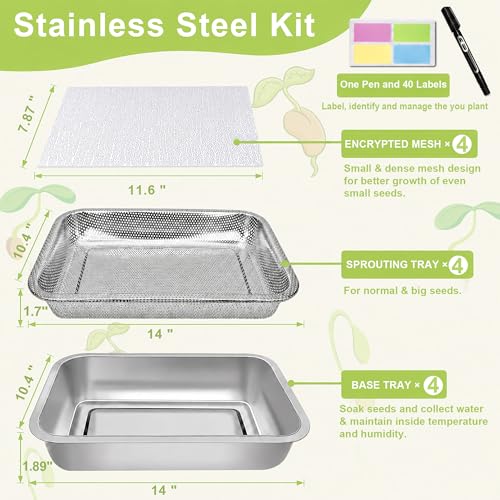 TCYPUHL Stainless Steel Sprouts Growing Kit 4-Tier 14 inch Trays, Microgreens Growing Kit, Seed Sprouting Tray with Encrypted Mesh Sprouts for Beans Alfalfa Broccoli Wheat Grass - Image 4