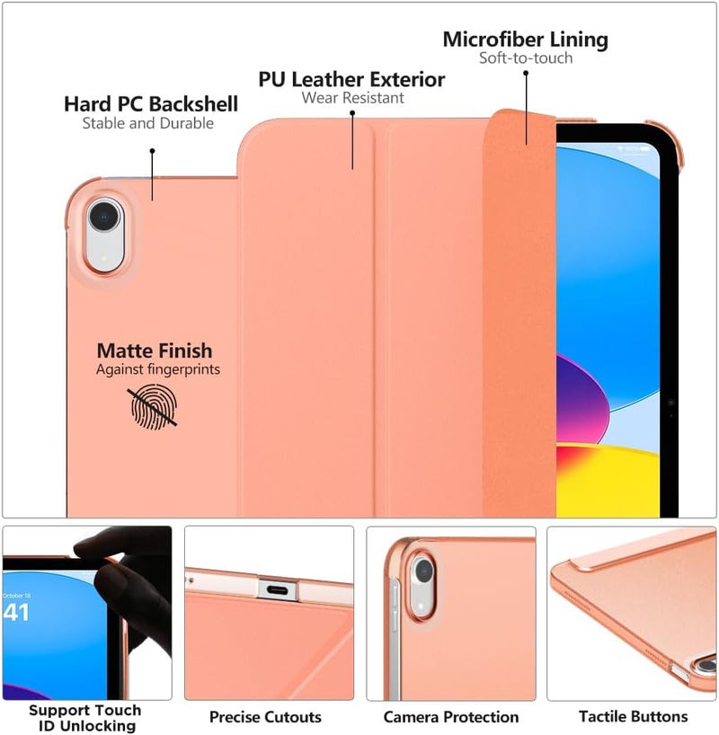 MoKo Case for iPad 10th Generation 2022, iPad 10.9 Case, Thin Lightweight PU Leather Tablet Case with Auto Sleep/Wake Function, Translucent PC Back, Apricot Orange - Image 3