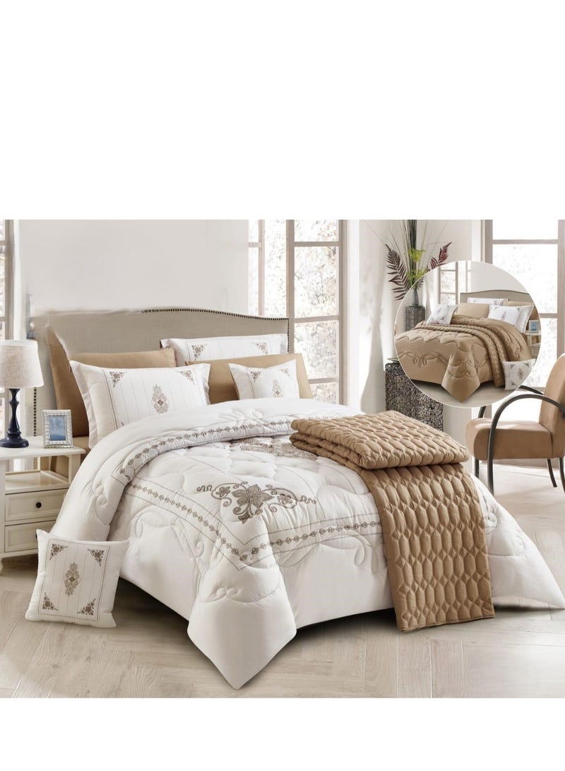 AKD Double bed set with an exclusive and attractive embroidered pattern, made of luxurious microfiber. Includes:  1 Quilt 240*260cm 1 Fitted Sheet 200*200*30cm 2 Decorative Pillowcases 75*50*5cm 2 Pillowcases 75*50cm - Image 1