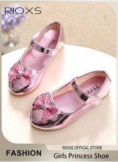 RIOXS Girls' Mary Jane Princess Shoes, Flats Low Heel School Shoes, Flower Girl Dress Shoes, Little Kids Mary Janes Ballet Flats, Wedding Party Shoes With Bow Stitched Decoration  - Image 1