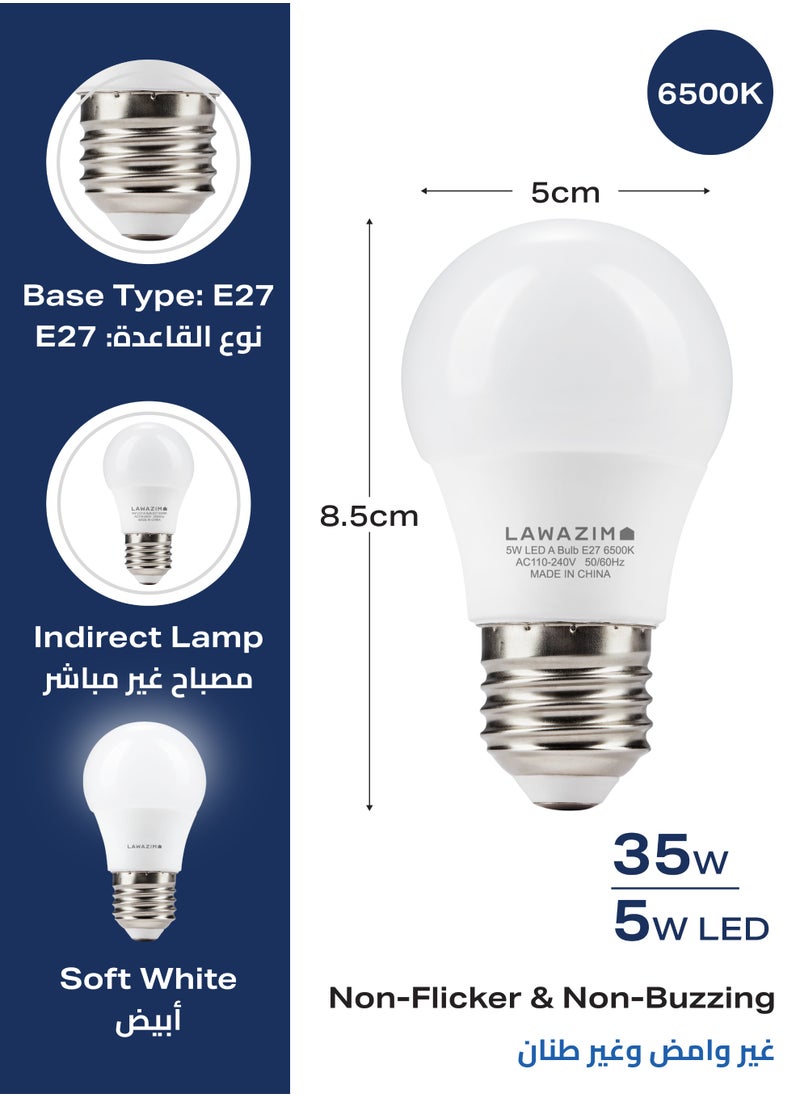 LAWAZIM 5W LED Bulb A50 E27 - 6-Piece 6500K Daylight - Energy Saving 35W Equivalent Non-Dimmable Lightbulbs with 400 Lumens and a Lifespan of 15,000 Hours - for Home, Kitchen, and Bedroom Lighting  - Image 2