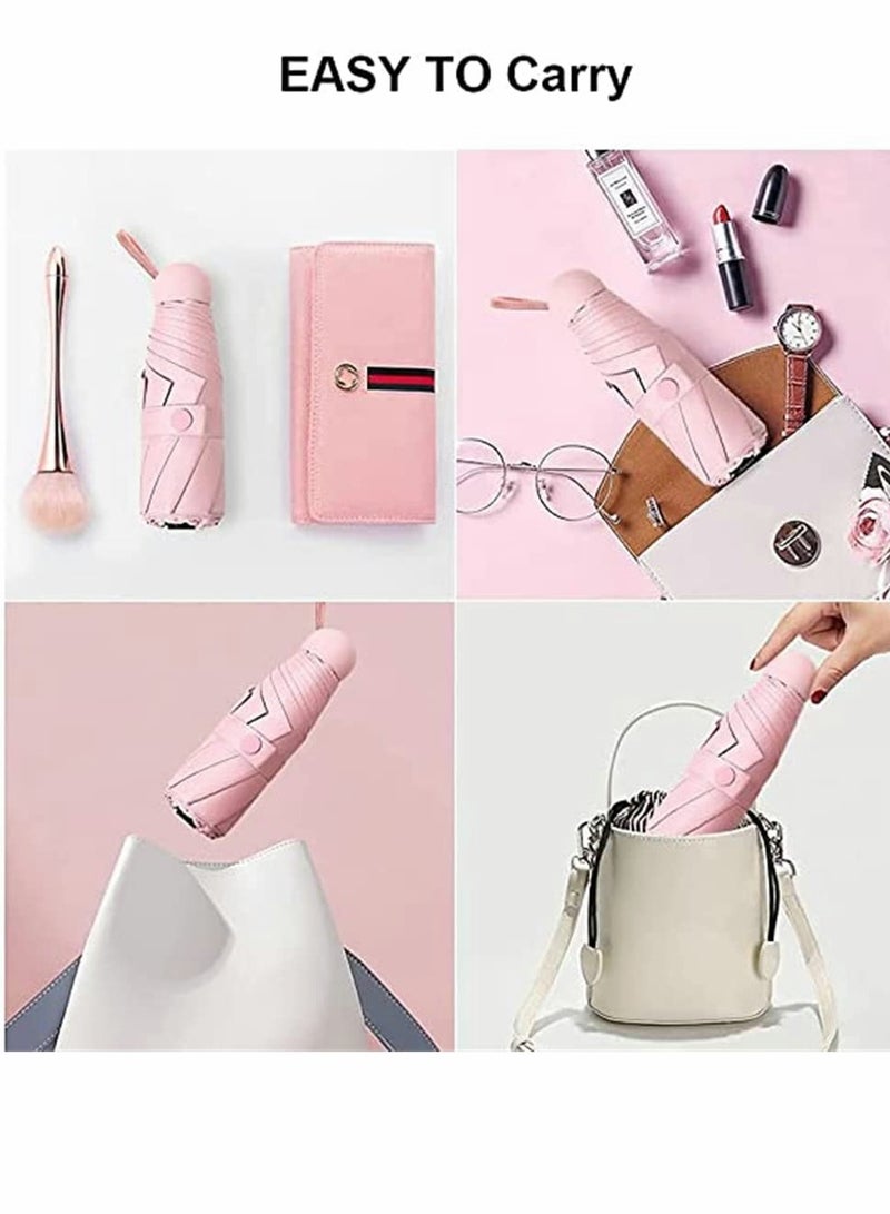 مظلة سفر صغيرة مظلة سفر قابلة للطي مقاومة للرياح خفيفة الوزن محمولة مع حماية 95% من الأشعة فوق البنفسجية للشمس والمطر نمط شائع للنساء باللون الوردي - Image 5