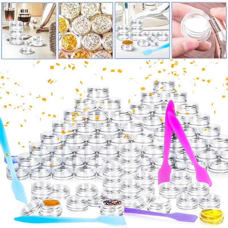 MotBach 100 Pcs 3g Empty Plastic Containers with Lids,Tiny Makeup Sample Containers Small Pot Jars Clear Round Cosmetic Jars with 20 Pcs Mini Spatulas for Liquid Sample Powder Creams (Clear Lid) - Image 5