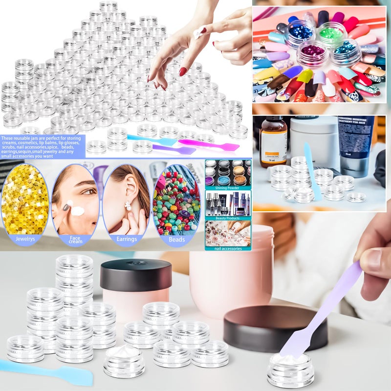 MotBach 100 Pcs 3g Empty Plastic Containers with Lids,Tiny Makeup Sample Containers Small Pot Jars Clear Round Cosmetic Jars with 20 Pcs Mini Spatulas for Liquid Sample Powder Creams (Clear Lid) - Image 4