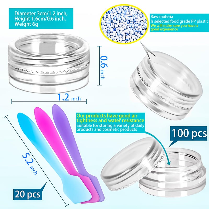 MotBach 100 Pcs 3g Empty Plastic Containers with Lids,Tiny Makeup Sample Containers Small Pot Jars Clear Round Cosmetic Jars with 20 Pcs Mini Spatulas for Liquid Sample Powder Creams (Clear Lid) - Image 2
