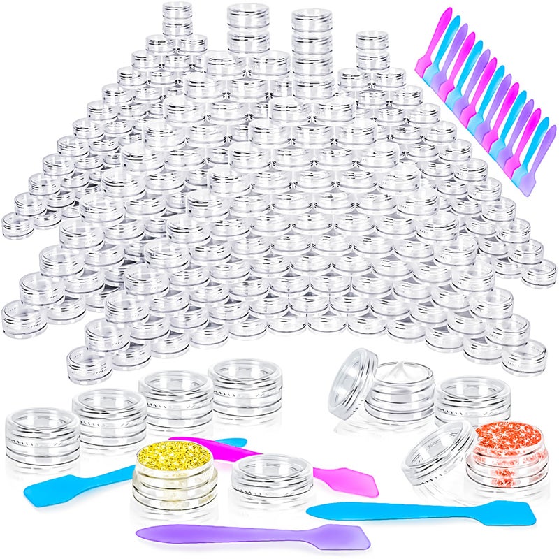 MotBach 100 Pcs 3g Empty Plastic Containers with Lids,Tiny Makeup Sample Containers Small Pot Jars Clear Round Cosmetic Jars with 20 Pcs Mini Spatulas for Liquid Sample Powder Creams (Clear Lid) - Image 1
