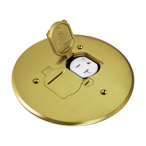 ENERLITES Dual Flip Lid Floor Box Cover, 5.625" Diameter, 20A Tamper-Weather Resistant Receptacle Outlet, Watertight Gaskets, 975517-C, UL Listed, Brass, 1 Gang - Image 1