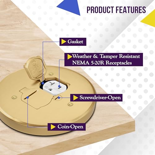 ENERLITES Dual Flip Lid Floor Box Cover, 5.625" Diameter, 20A Tamper-Weather Resistant Receptacle Outlet, Watertight Gaskets, 975517-C, UL Listed, Brass, 1 Gang - Image 3