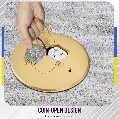 ENERLITES Dual Flip Lid Floor Box Cover, 5.625" Diameter, 20A Tamper-Weather Resistant Receptacle Outlet, Watertight Gaskets, 975517-C, UL Listed, Brass, 1 Gang - Image 5