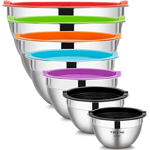 YIHONG 7 Piece Metal Mixing Bowls with Lids for Kitchen Stainless Steel Set Ideal for Baking Prepping Cooking and Serving Food Nesting Design for Space Saving Storage