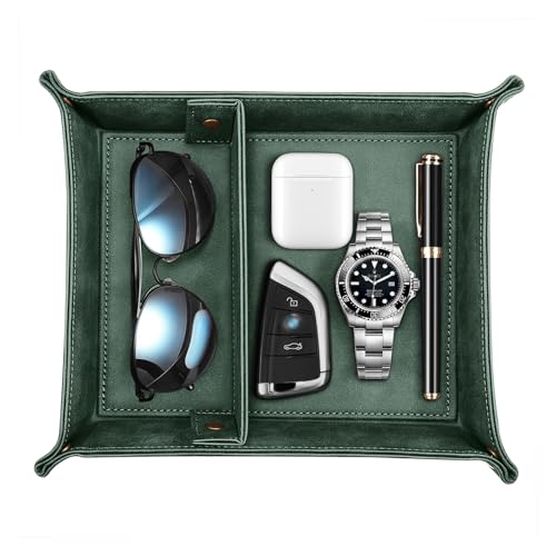 SITHON Valet Tray Desktop Storage Organizer, Removable 2 Compartments Catchall Tray Bedside Vanity Nightstand Caddy Holder Desk Storage Plate, Dark Green - Image 1