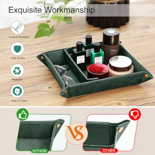 SITHON Valet Tray Desktop Storage Organizer, Removable 2 Compartments Catchall Tray Bedside Vanity Nightstand Caddy Holder Desk Storage Plate, Dark Green - Image 4