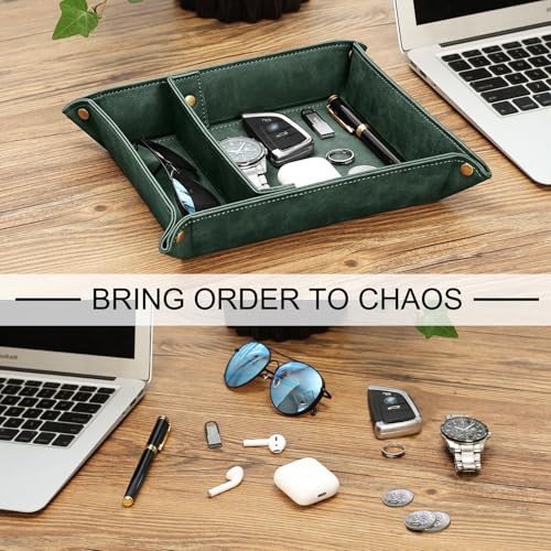 SITHON Valet Tray Desktop Storage Organizer, Removable 2 Compartments Catchall Tray Bedside Vanity Nightstand Caddy Holder Desk Storage Plate, Dark Green - Image 5