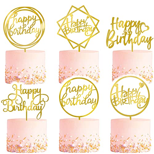 LetsCake 6Pack Gold Cake Topper Set DoubleSided Glitter Acrylic Happy Birthday Cupcake Toppers Birthday Decorations for Children or Adults - Image 1