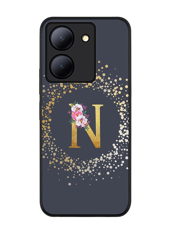 Stylizedd Rugged Black Edge case for Vivo Y27s/ Vivo Y27 5G,Slim fit Flexible Cover - Custom Monogram Initial Letter Floral Pattern Alphabet - N (Grey)  - Image 1