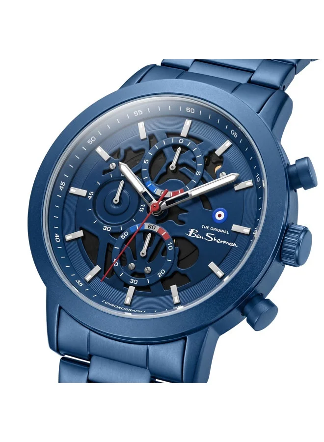 بين شيرمان Nottingham Blue Dial Blue Stainless Steel Bracelet Chronograph Watch for Men, 44mm